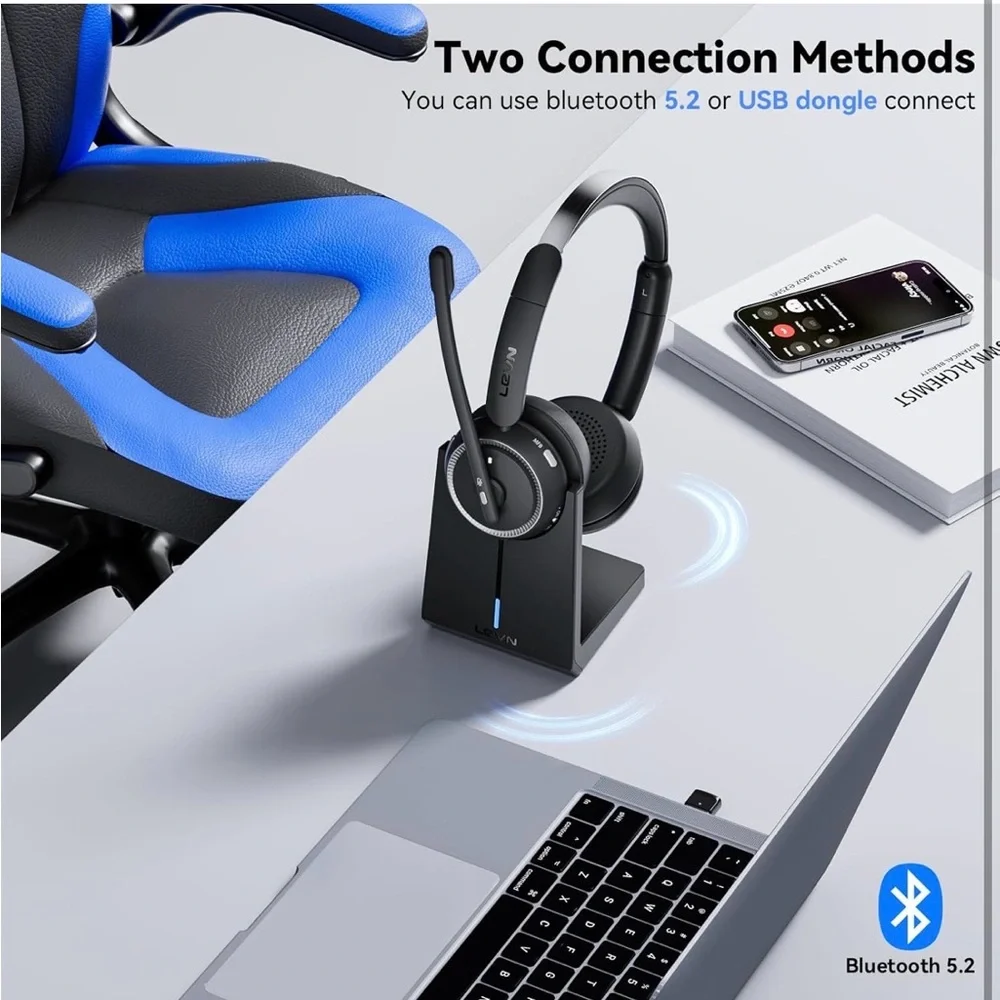 LEVN Wireless Headset with Mic for Work BLUETOOTH NOISE CANCELLING - BLACK